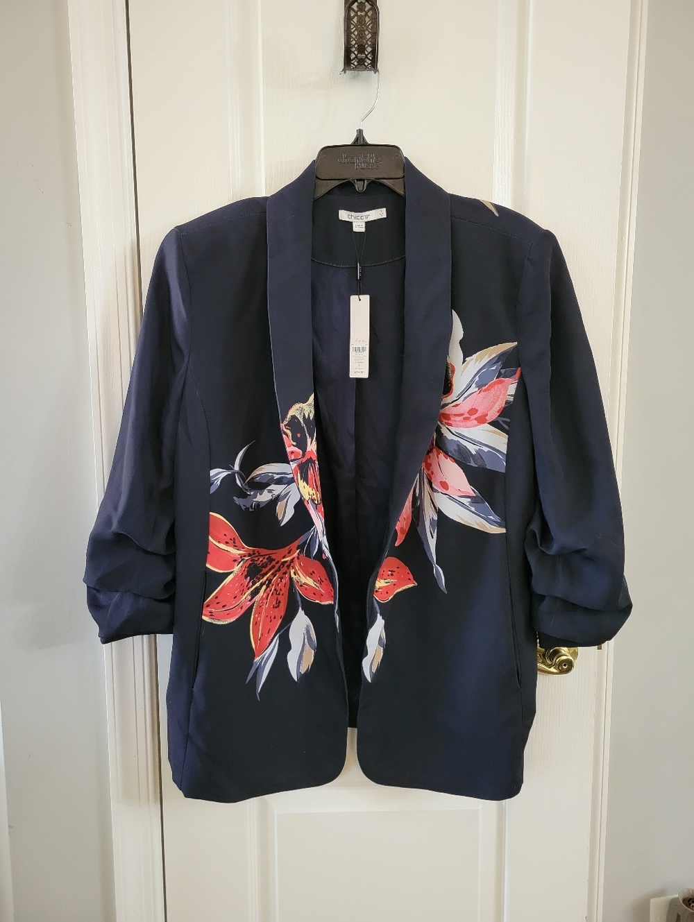 NWT Chico's Lily Swirl Floral Ruched-Sleeve Soft Jacket Size 16 Classic Navy